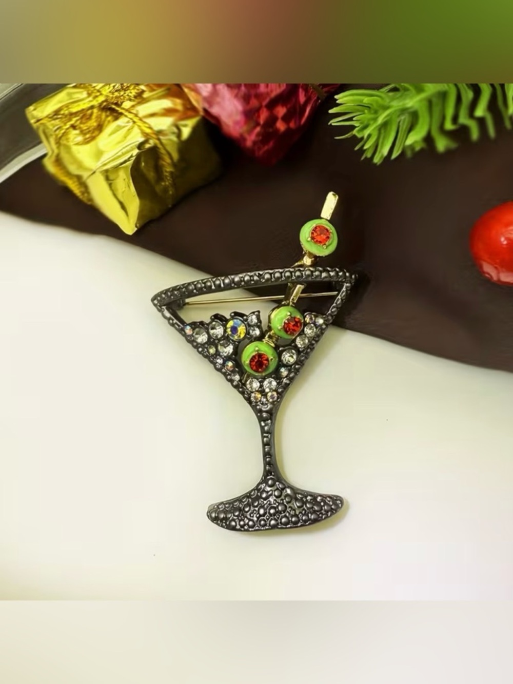 Black Tone Martini Brooch with Olives Modern New